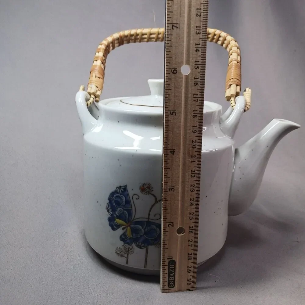 Otagiri Butterfly Tea Pot Ratten Handle Ceramic Vintage MCM Boho Japan